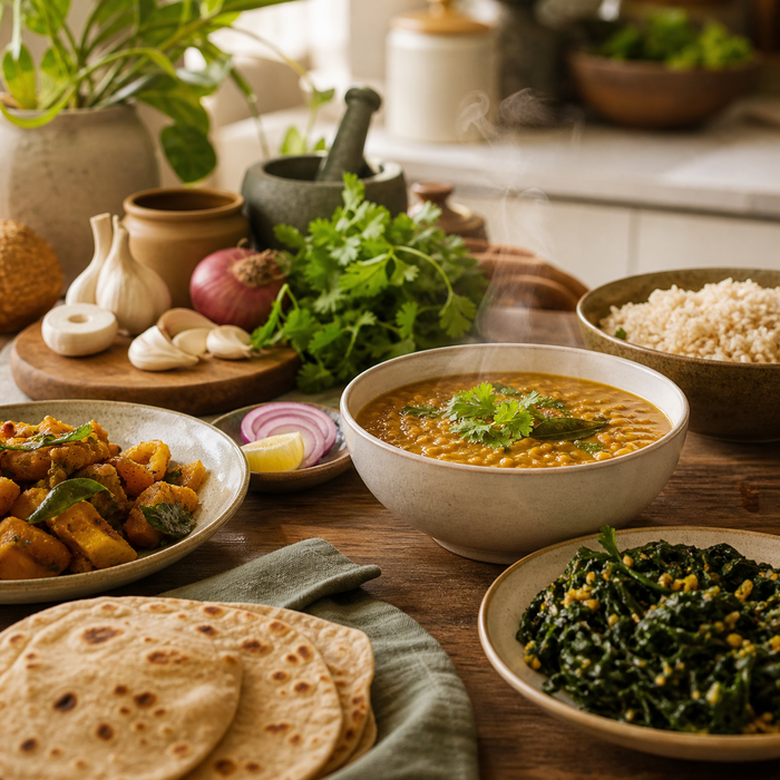 Everyday Indian food on a dining table